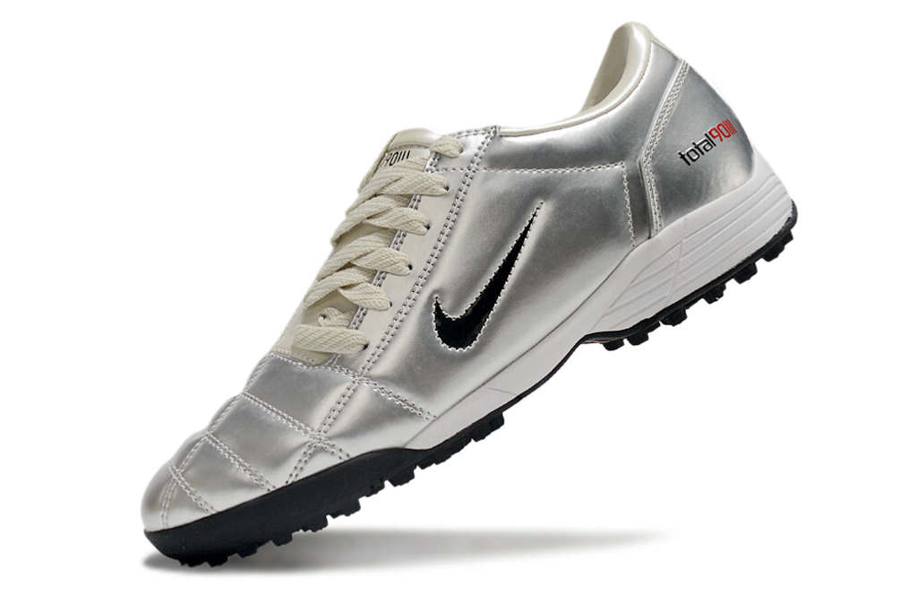 T90 Series MD Turf Soccer Shoes with Grass Spikes - Beige/Metallic Silver/Black/White