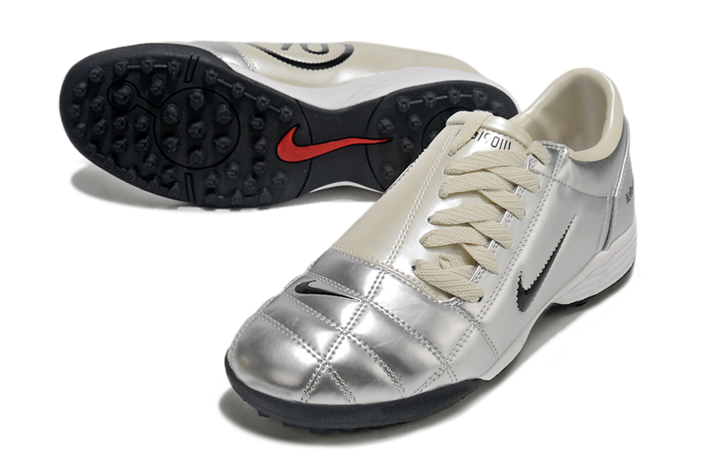 T90 Series MD Turf Soccer Shoes with Grass Spikes - Beige/Metallic Silver/Black/White