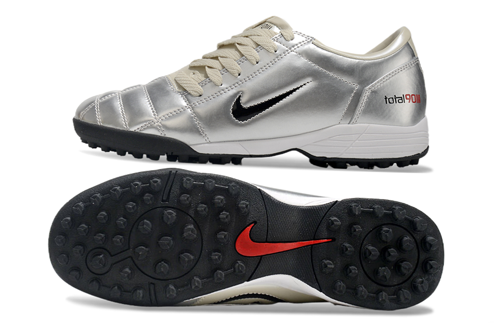 T90 Series MD Turf Soccer Shoes with Grass Spikes - Beige/Metallic Silver/Black/White