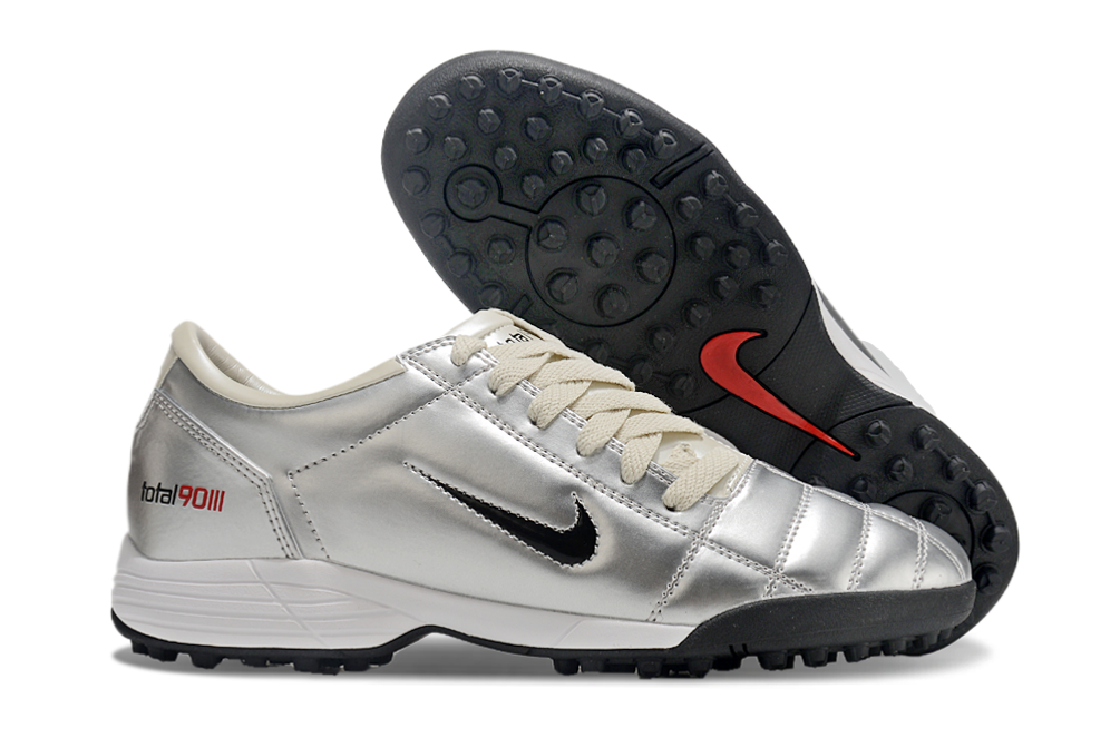 T90 Series MD Turf Soccer Shoes with Grass Spikes - Beige/Metallic Silver/Black/White