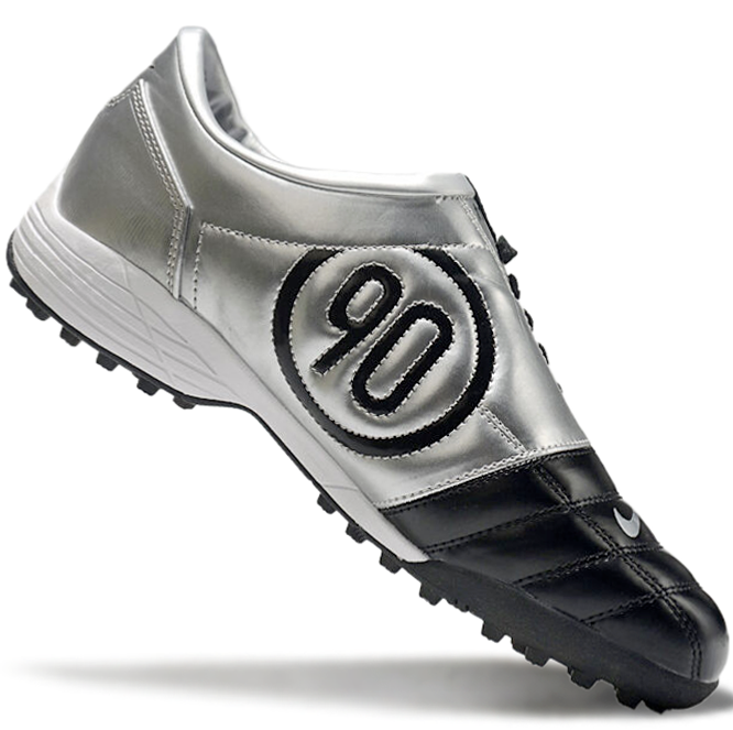 T90 Series MD Turf Soccer Shoes with Grass Spikes - Black/Metallic Silver/White