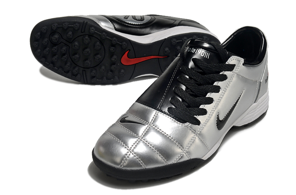 T90 Series MD Turf Soccer Shoes with Grass Spikes - Metallic Silver/Black/White