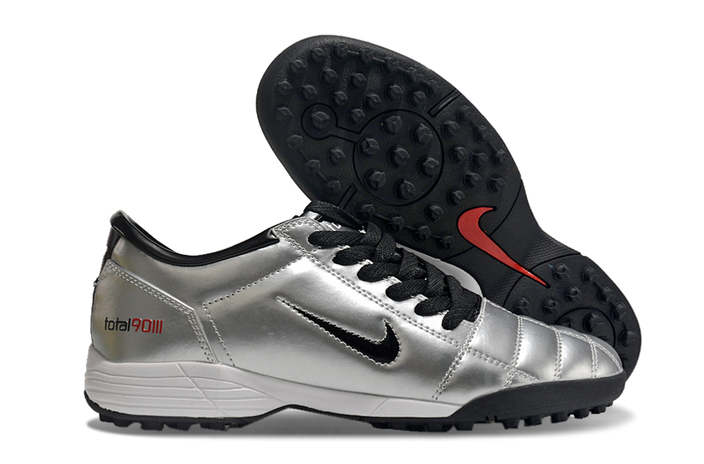 T90 Series MD Turf Soccer Shoes with Grass Spikes - Metallic Silver/Black/White