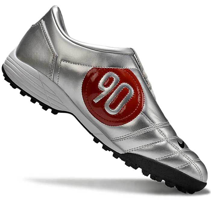 T90 Series MD Turf Soccer Shoes with Grass Spikes - Metallic Silver/Red/Black