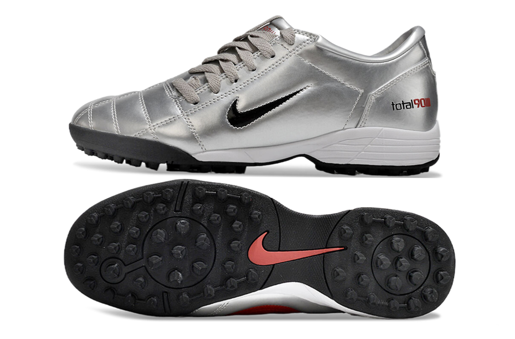 T90 Series MD Turf Soccer Shoes with Grass Spikes - Metallic Silver/Red/Black