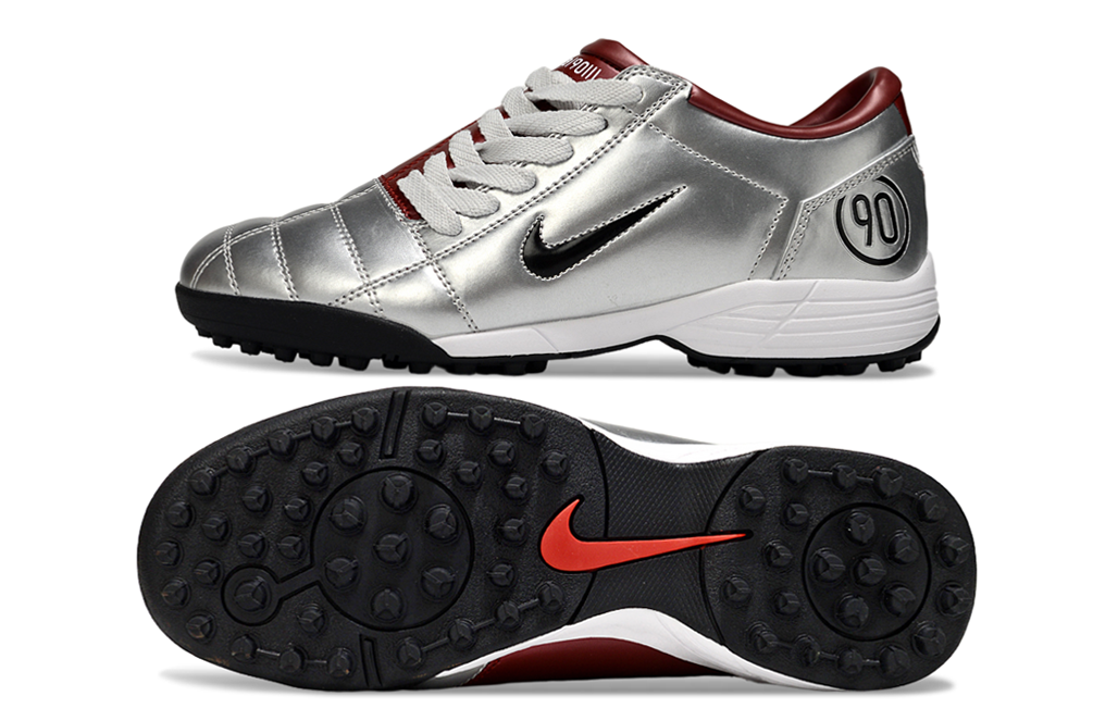 T90 Series MD Turf Soccer Shoes with Grass Spikes - Metallic Silver/Red/White/Black