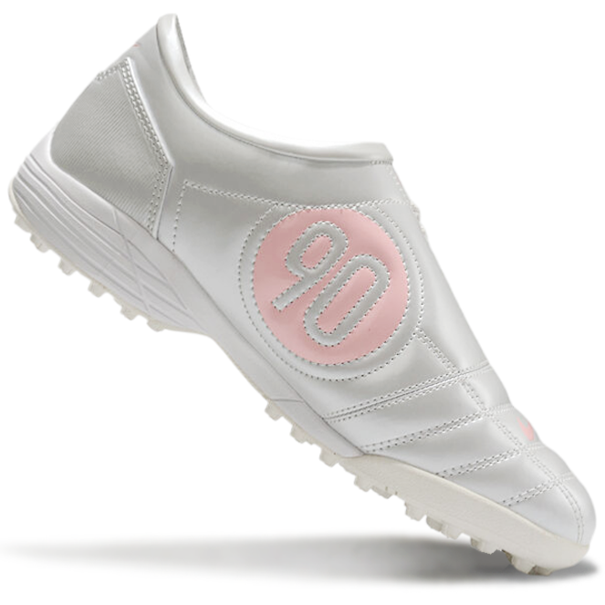 T90 Series MD Turf Soccer Shoes with Grass Spikes - Metallic Silver/White/Pink