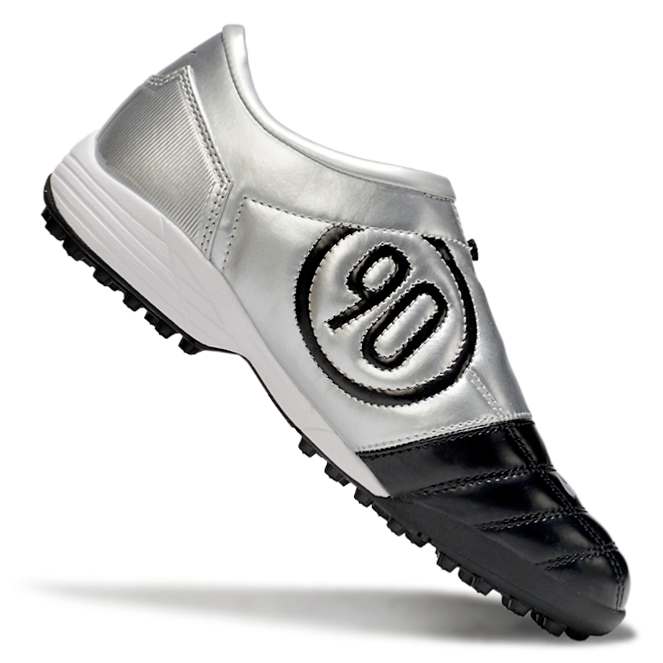 T90 Series MD Turf Soccer Shoes with Grass Spikes - Silver/Black/White