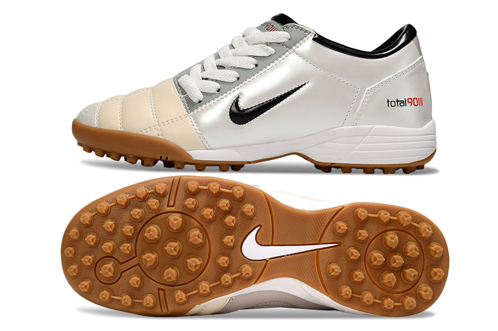T90 Series MD Turf Soccer Shoes with Grass Spikes - White/Black/Gum Light Brown
