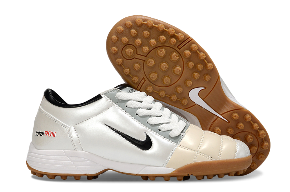 T90 Series MD Turf Soccer Shoes with Grass Spikes - White/Black/Gum Light Brown