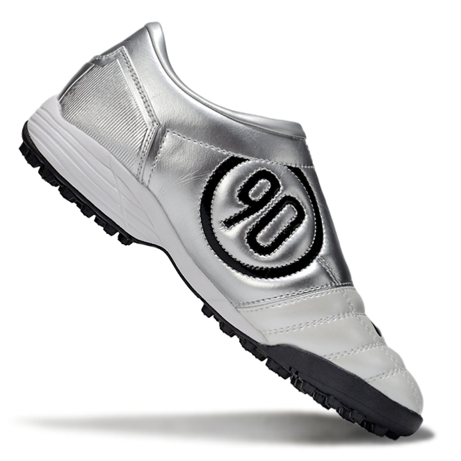 T90 Series MD Turf Soccer Shoes with Grass Spikes - White/Metallic Silver/Black