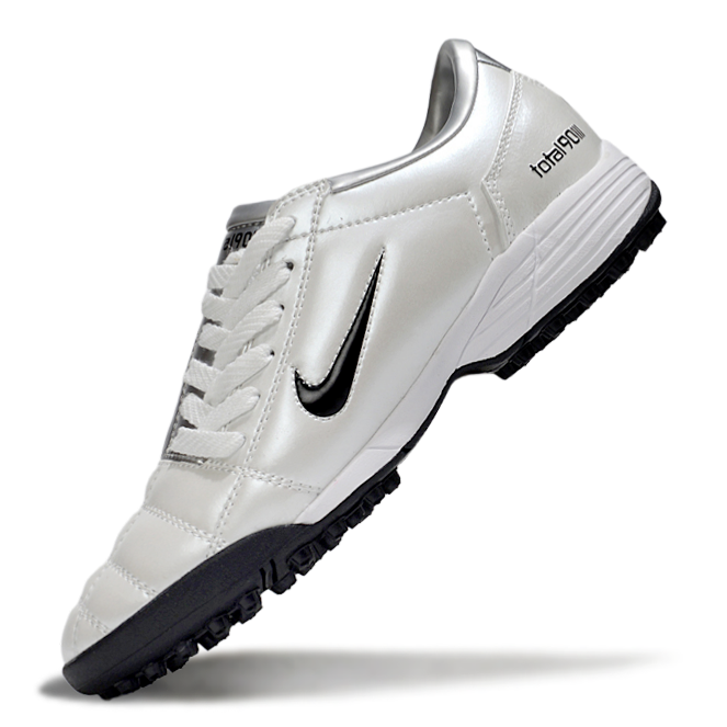 T90 Series MD Turf Soccer Shoes with Grass Spikes - White/Metallic Silver/Black