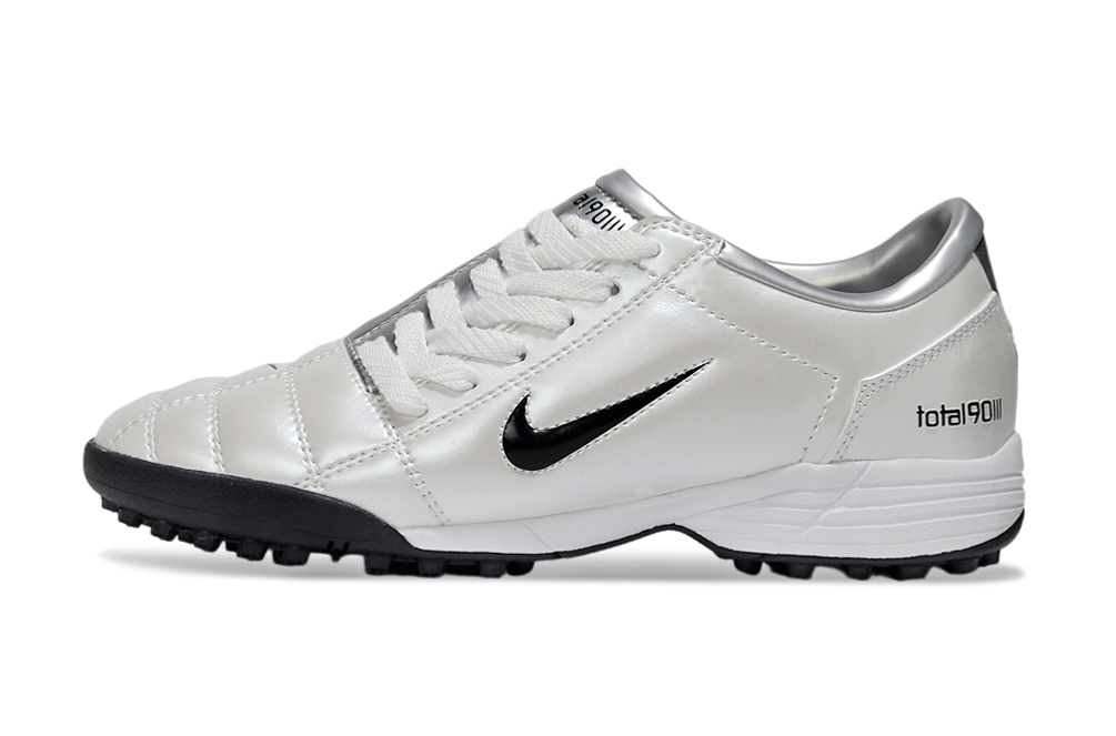 T90 Series MD Turf Soccer Shoes with Grass Spikes - White/Metallic Silver/Black