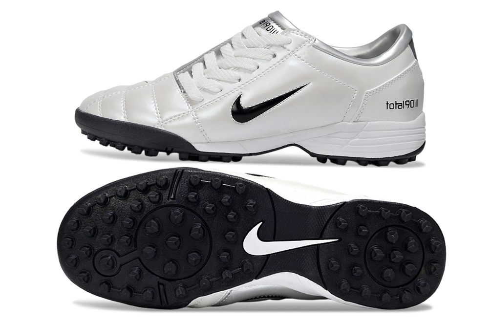 T90 Series MD Turf Soccer Shoes with Grass Spikes - White/Metallic Silver/Black