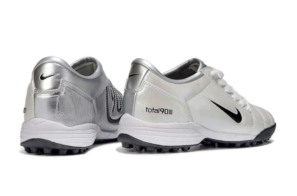 T90 Series MD Turf Soccer Shoes with Grass Spikes - White/Metallic Silver/Black