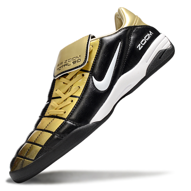 T90 Series Reverse Tongue Microfiber Indoor Flat Turf TF Soccer Shoes - Black/Gold/White