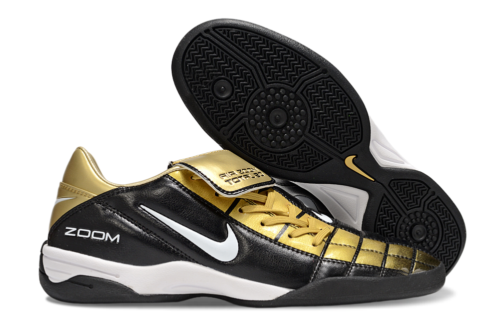 T90 Series Reverse Tongue Microfiber Indoor Flat Turf TF Soccer Shoes - Black/Gold/White