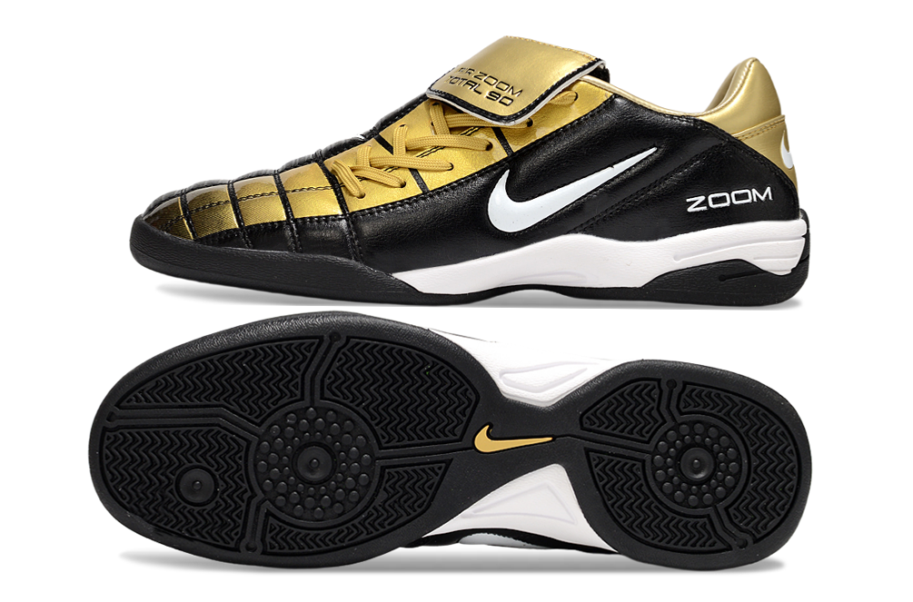 T90 Series Reverse Tongue Microfiber Indoor Flat Turf TF Soccer Shoes - Black/Gold/White