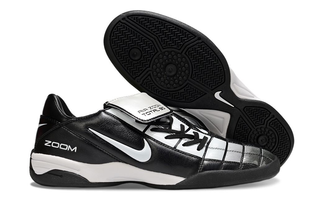 T90 Series Reverse Tongue Microfiber Indoor Flat Turf TF Soccer Shoes - Black/Metallic Silver/White