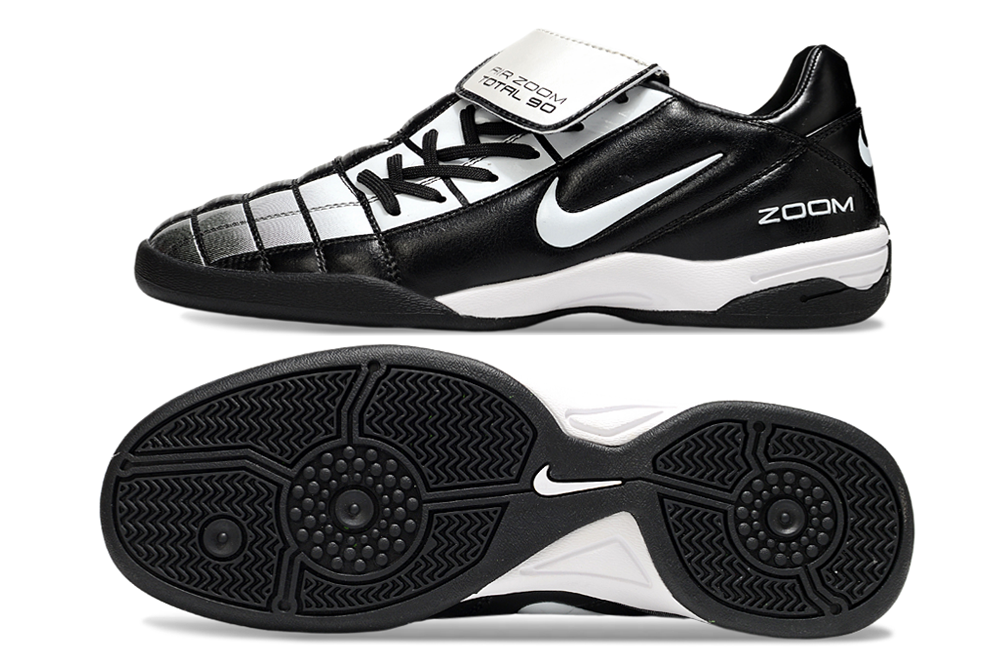 T90 Series Reverse Tongue Microfiber Indoor Flat Turf TF Soccer Shoes - Black/Metallic Silver/White