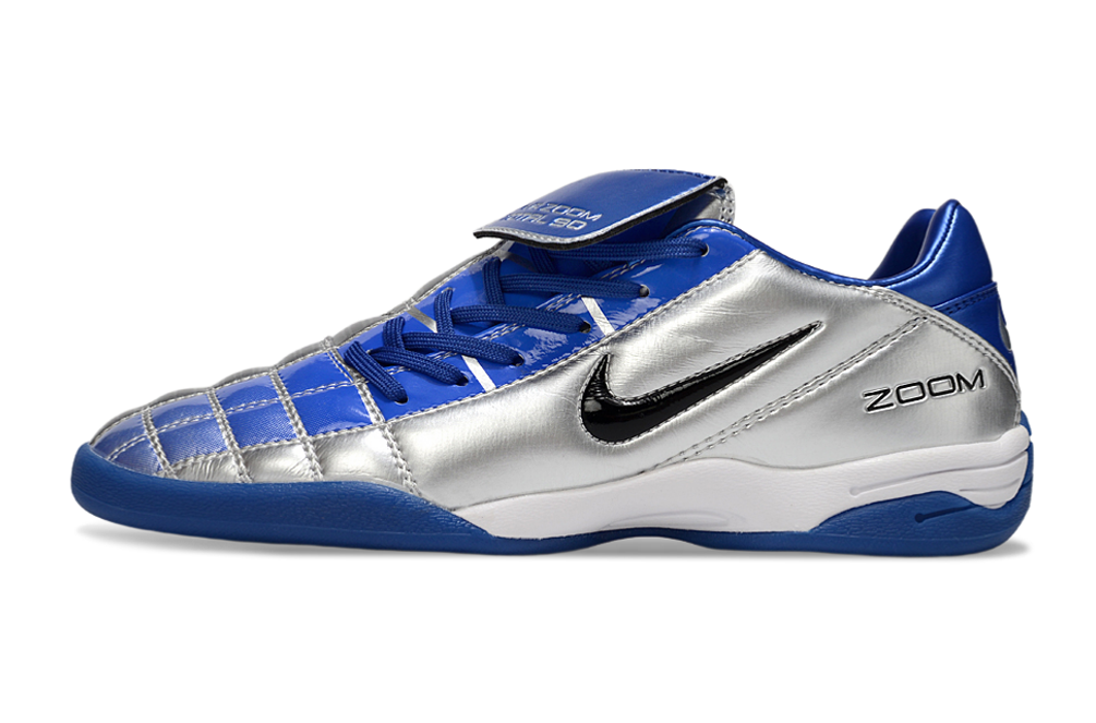 T90 Series Reverse Tongue Microfiber Indoor Flat Turf TF Soccer Shoes - Metallic Silver/Royal Blue/Black/White