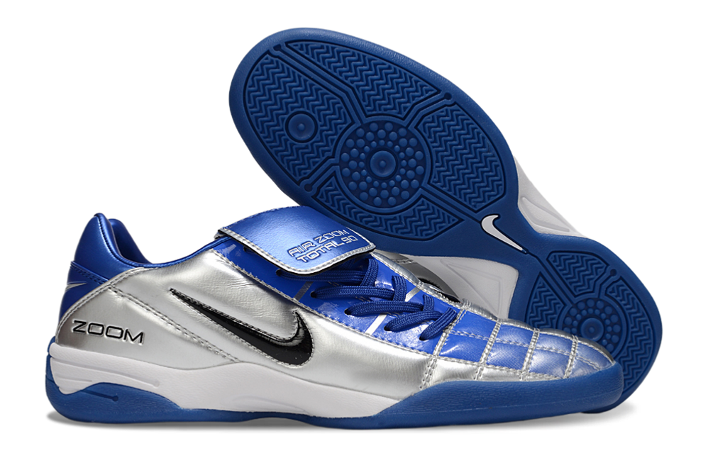 T90 Series Reverse Tongue Microfiber Indoor Flat Turf TF Soccer Shoes - Metallic Silver/Royal Blue/Black/White