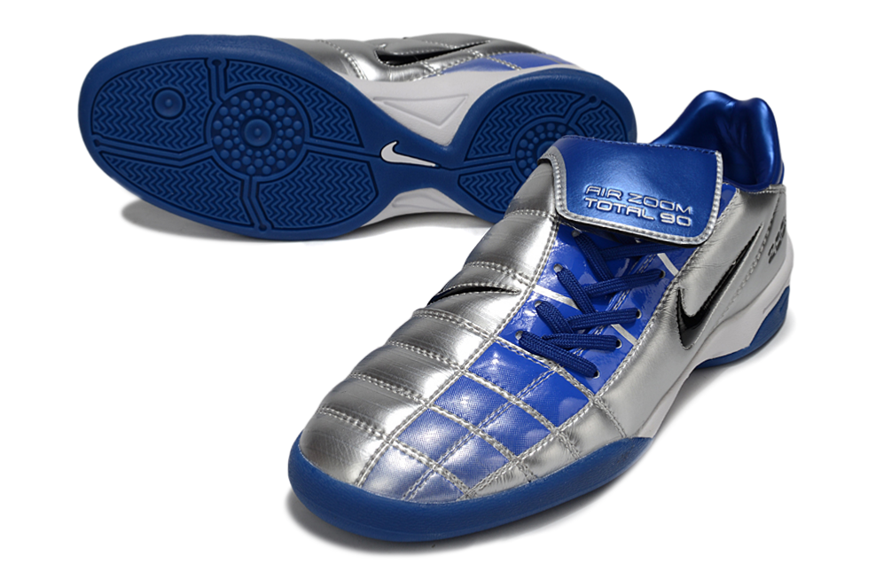 T90 Series Reverse Tongue Microfiber Indoor Flat Turf TF Soccer Shoes - Metallic Silver/Royal Blue/Black/White
