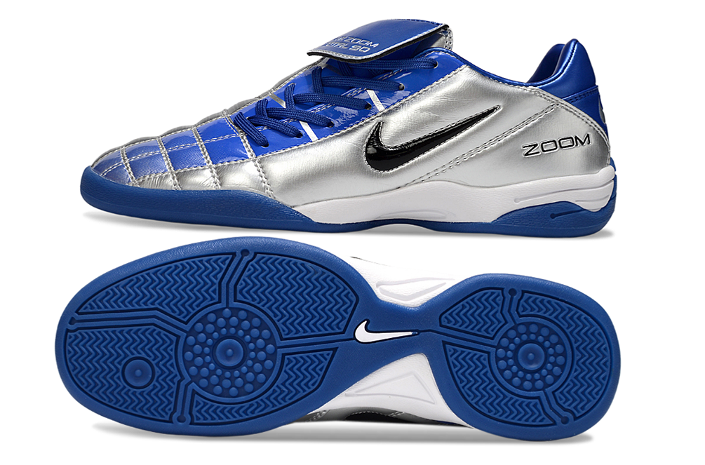 T90 Series Reverse Tongue Microfiber Indoor Flat Turf TF Soccer Shoes - Metallic Silver/Royal Blue/Black/White