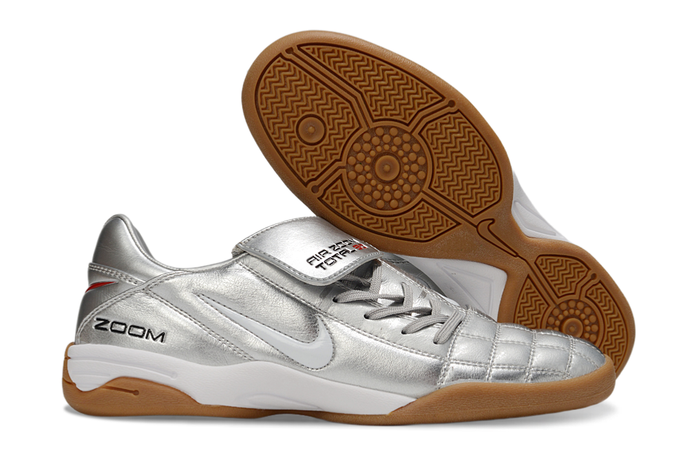 T90 Series Reverse Tongue Microfiber Indoor Flat Turf TF Soccer Shoes - Metallic Silver/White/Brown