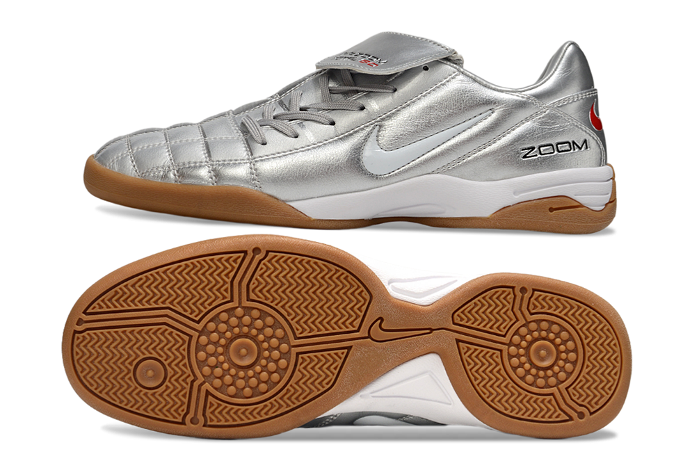 T90 Series Reverse Tongue Microfiber Indoor Flat Turf TF Soccer Shoes - Metallic Silver/White/Brown
