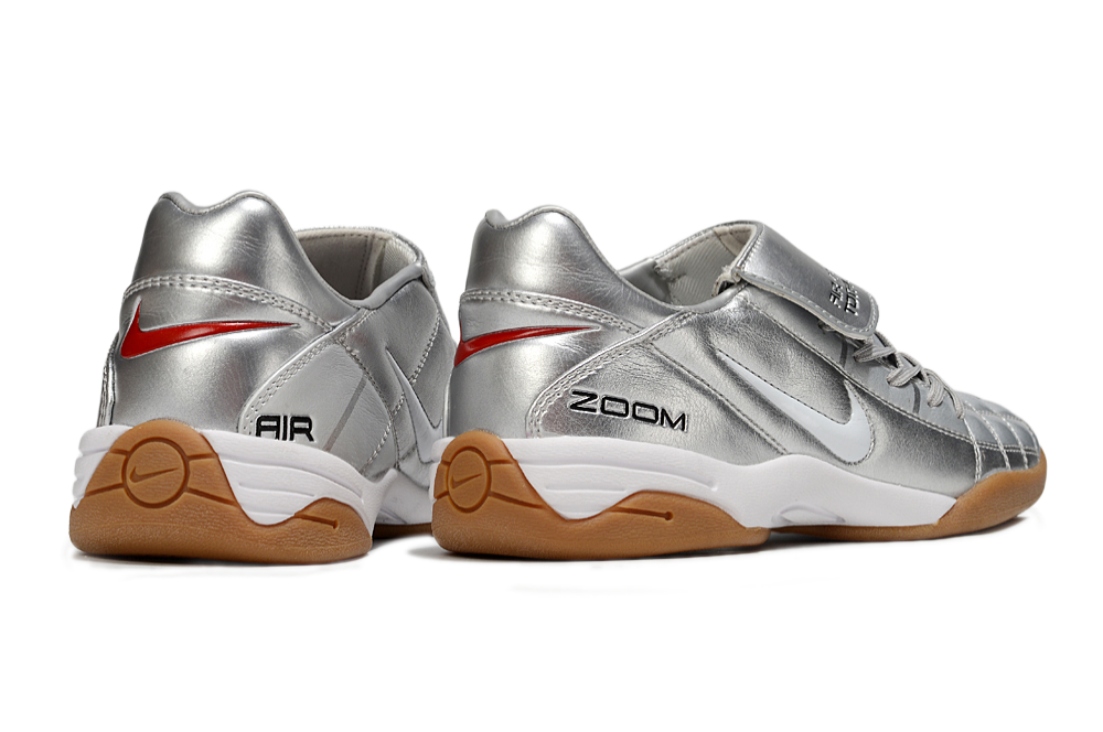 T90 Series Reverse Tongue Microfiber Indoor Flat Turf TF Soccer Shoes - Metallic Silver/White/Brown