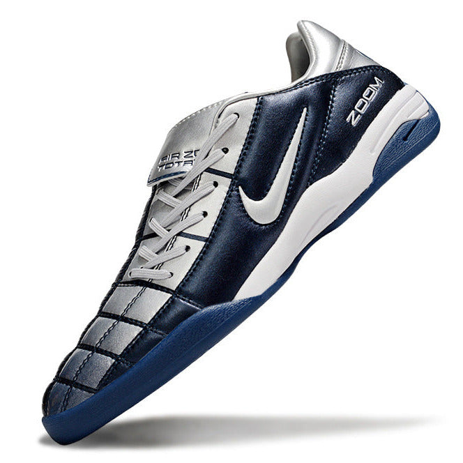 T90 Series Reverse Tongue Microfiber Indoor Flat Turf TF Soccer Shoes - Navy Blue/Metallic Silver/White