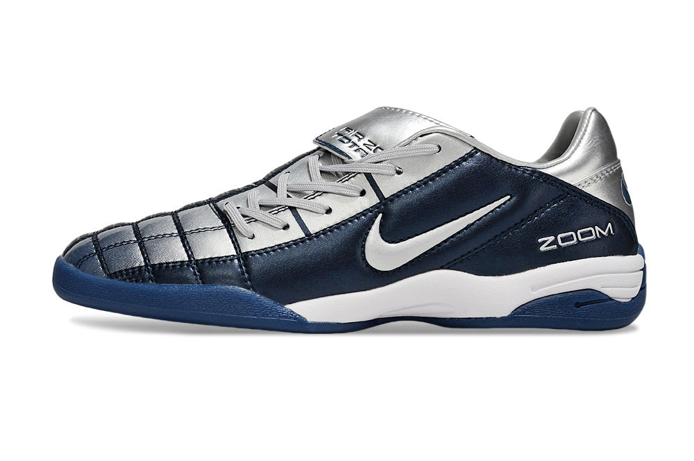 T90 Series Reverse Tongue Microfiber Indoor Flat Turf TF Soccer Shoes - Navy Blue/Metallic Silver/White