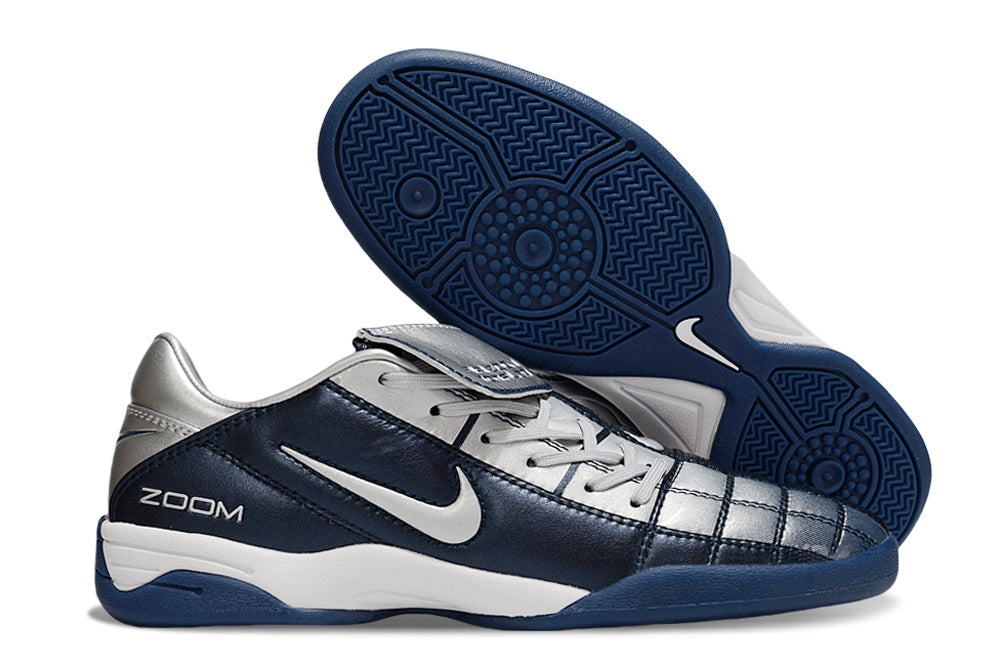 T90 Series Reverse Tongue Microfiber Indoor Flat Turf TF Soccer Shoes - Navy Blue/Metallic Silver/White