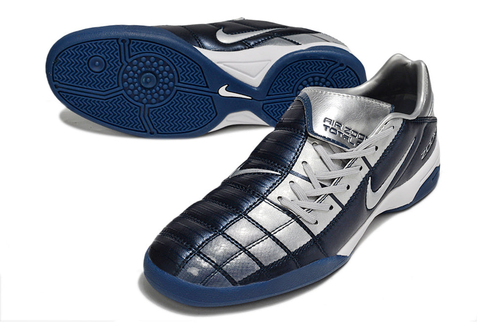 T90 Series Reverse Tongue Microfiber Indoor Flat Turf TF Soccer Shoes - Navy Blue/Metallic Silver/White