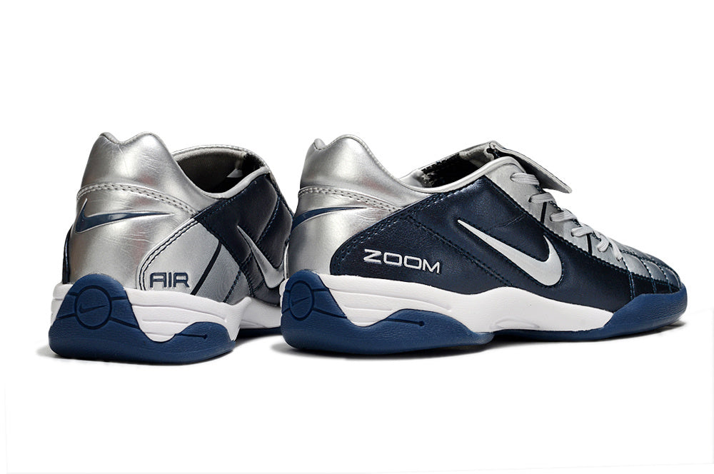 T90 Series Reverse Tongue Microfiber Indoor Flat Turf TF Soccer Shoes - Navy Blue/Metallic Silver/White