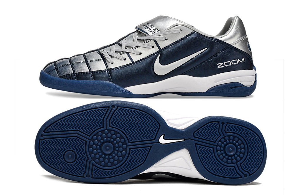 T90 Series Reverse Tongue Microfiber Indoor Flat Turf TF Soccer Shoes - Navy Blue/Metallic Silver/White