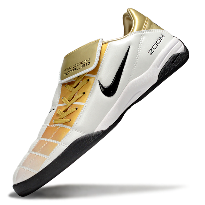 T90 Series Reverse Tongue Microfiber Indoor Flat Turf TF Soccer Shoes – White/Gold/Black