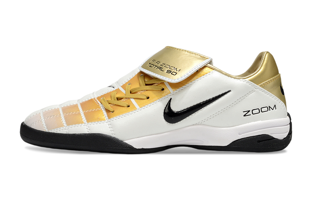 T90 Series Reverse Tongue Microfiber Indoor Flat Turf TF Soccer Shoes – White/Gold/Black