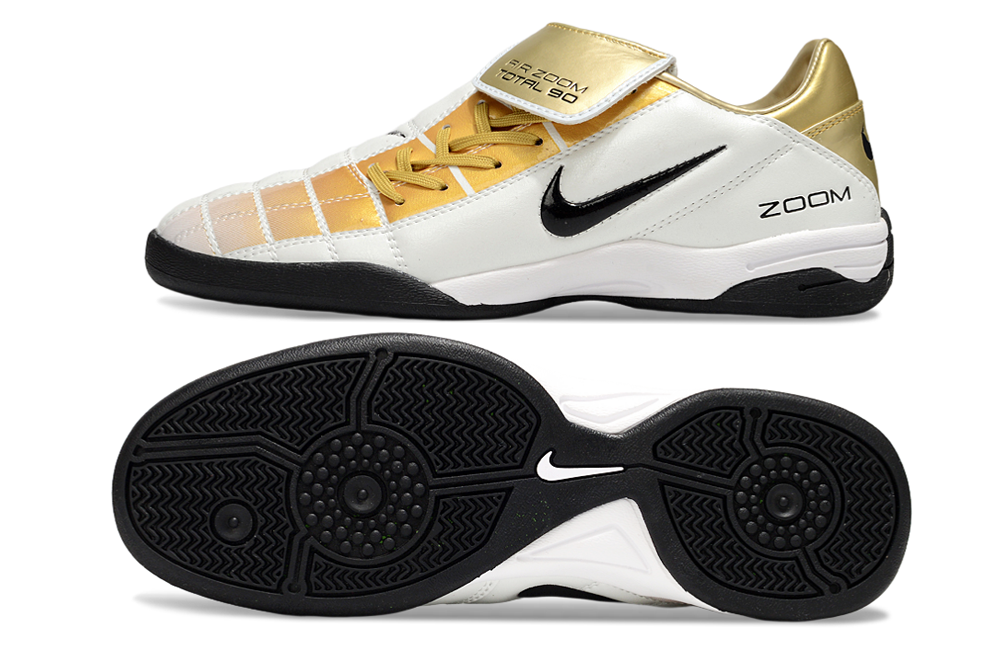 T90 Series Reverse Tongue Microfiber Indoor Flat Turf TF Soccer Shoes – White/Gold/Black