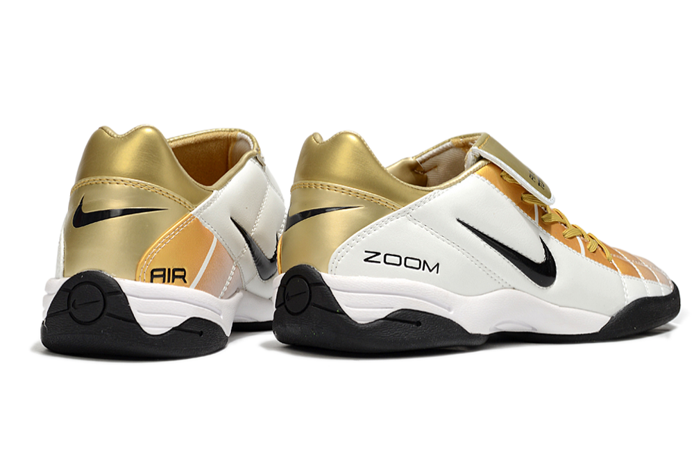 T90 Series Reverse Tongue Microfiber Indoor Flat Turf TF Soccer Shoes – White/Gold/Black