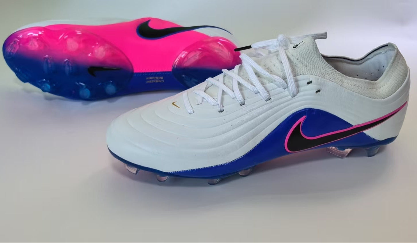 Tiempo Legend XI Elite Fully Knitted Waterproof FG Soccer Shoes with Split Sole - White/Prominent Pink/Blue